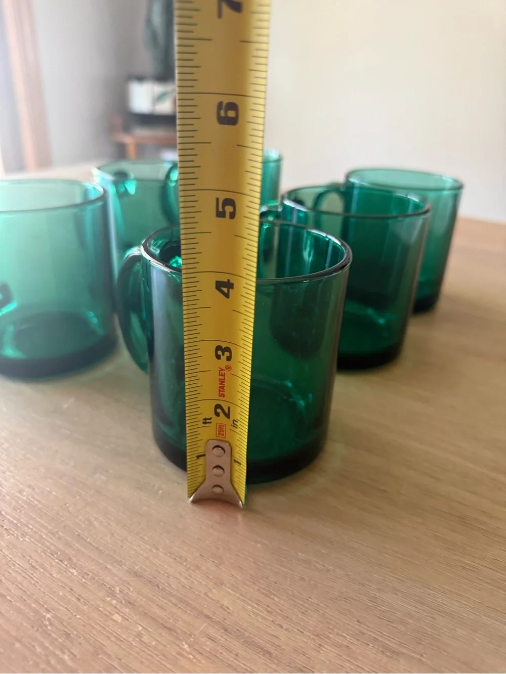Vintage MCM emerald glass clear glass mugs (set of 6)